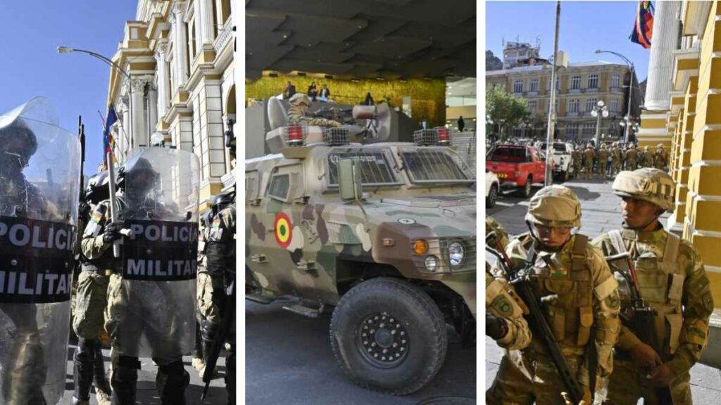 Tropas militares y tanquetas se desplegaron frente a la sede del gobierno boliviano en La Paz e intentaron tumbar una puerta del palacio presidencial. Foto: AFP